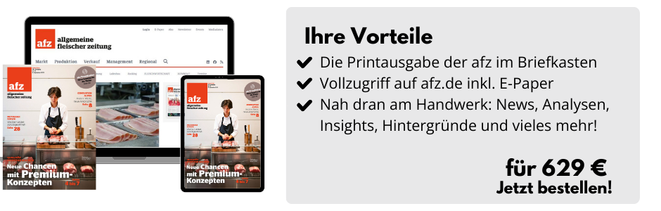 Ihre Vorteile

Die Printausgabe der afz im Briefkasten
Vollzugriff auf afz.de inkl. E-Paper
Nah dran am Handwerk: News, Analysen, Insights, Hintergründe und vieles mehr!

Für 629 €
Jetzt bestellen!